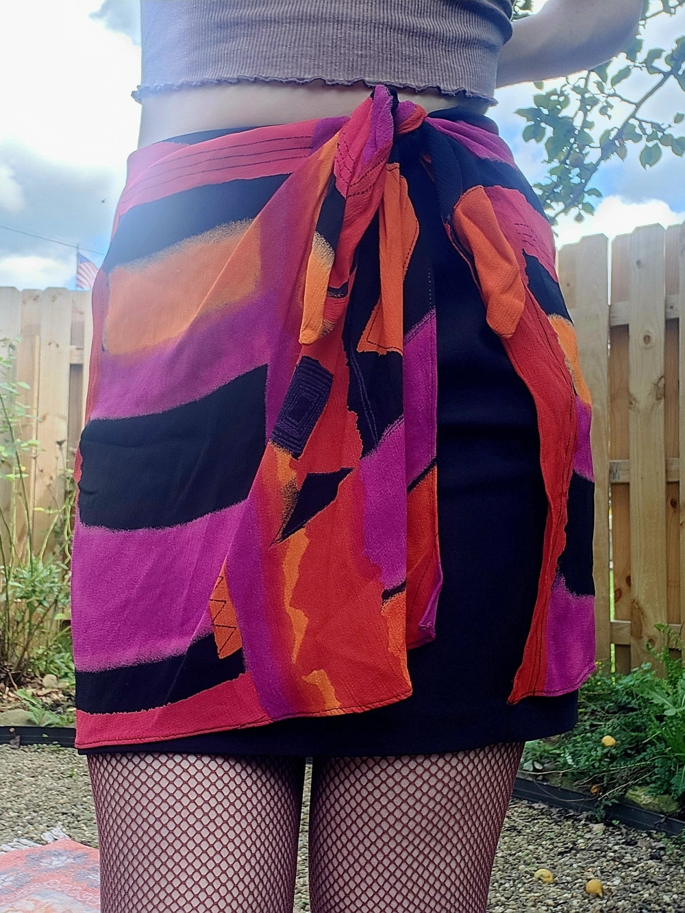 Vintage Caché Faux Wrap Orange Pink Black Mini Skirt Sz 6